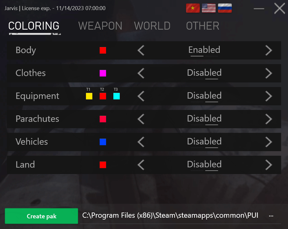 Jarvis PAK Menu на английском